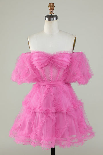 Cute A Line Off the Shoulder Pink Tulle Short Formal Dress